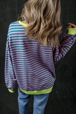 New Dear-Lover Oversized Contrast Trim Pullover Sweatshirt Green Stripe