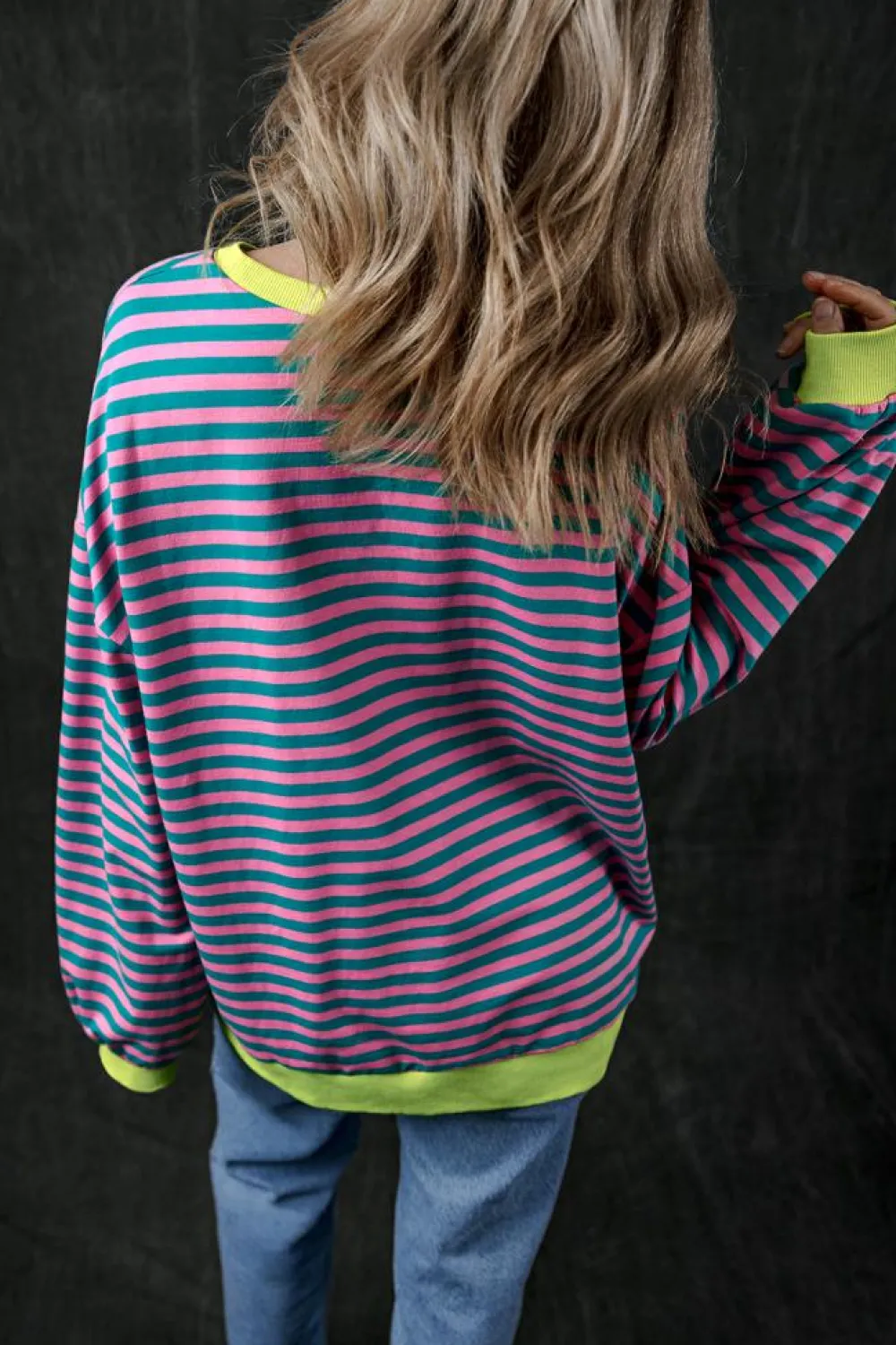 New Dear-Lover Oversized Contrast Trim Pullover Sweatshirt Green Stripe