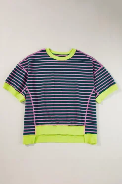 New Dear-Lover Oversized Contrast Trim Exposed Seam High Low T Shirt Green Stripe