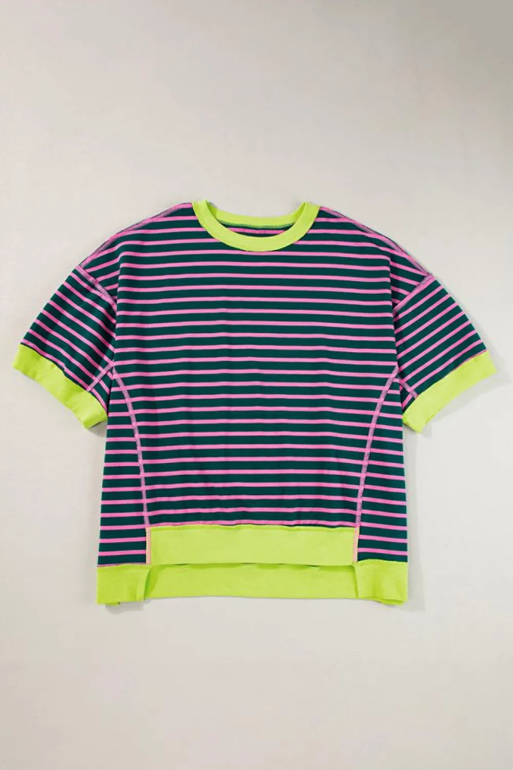New Dear-Lover Oversized Contrast Trim Exposed Seam High Low T Shirt Green Stripe