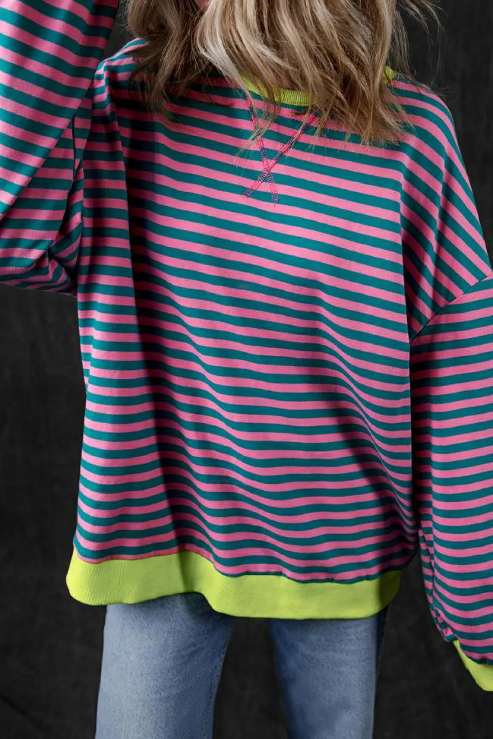 New Dear-Lover Oversized Contrast Trim Pullover Sweatshirt Green Stripe