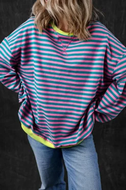 New Dear-Lover Oversized Contrast Trim Pullover Sweatshirt Green Stripe