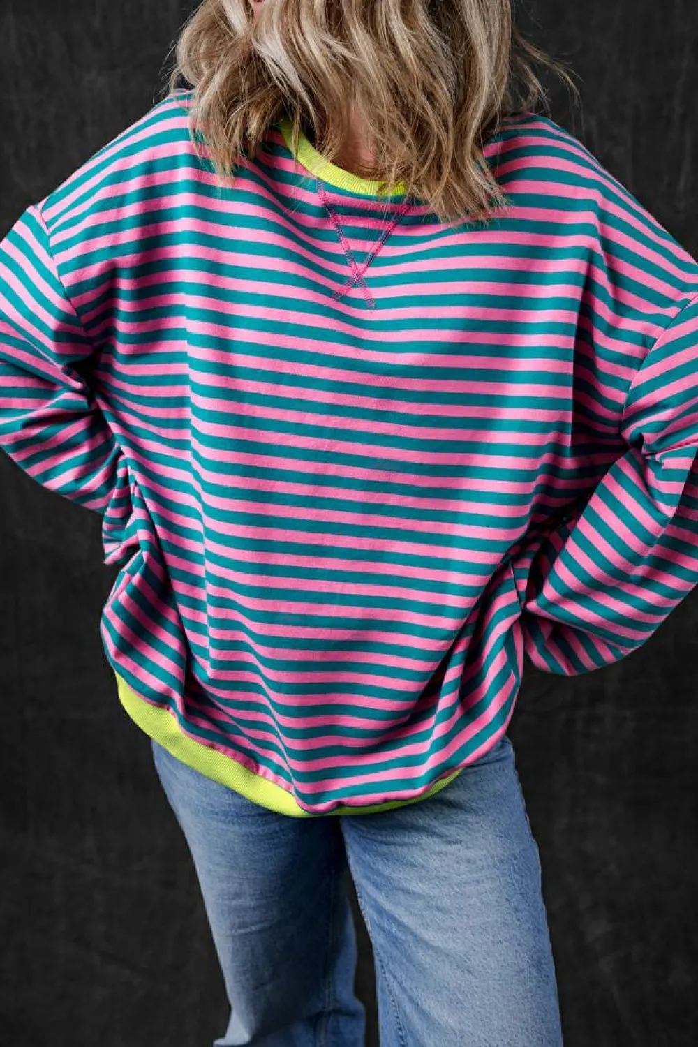 New Dear-Lover Oversized Contrast Trim Pullover Sweatshirt Green Stripe