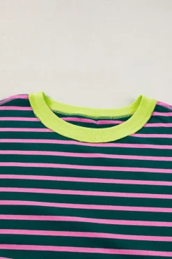 New Dear-Lover Oversized Contrast Trim Exposed Seam High Low T Shirt Green Stripe
