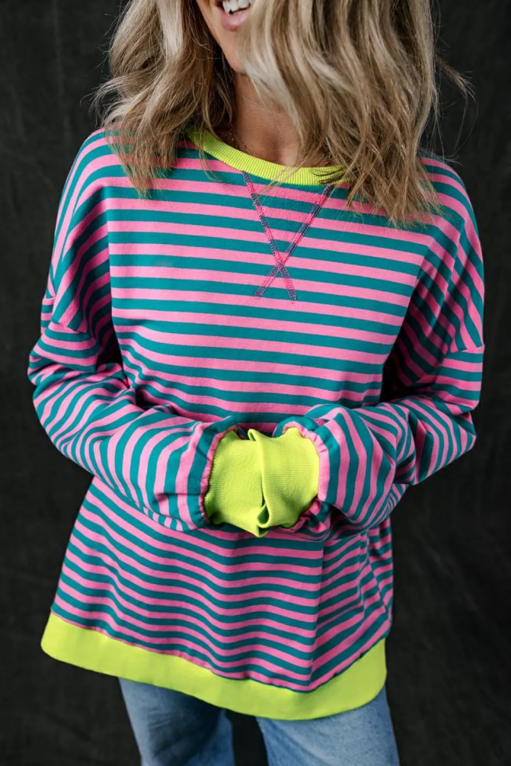 New Dear-Lover Oversized Contrast Trim Pullover Sweatshirt Green Stripe