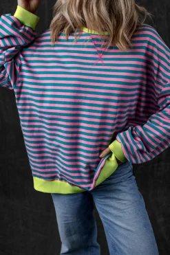 New Dear-Lover Oversized Contrast Trim Pullover Sweatshirt Green Stripe