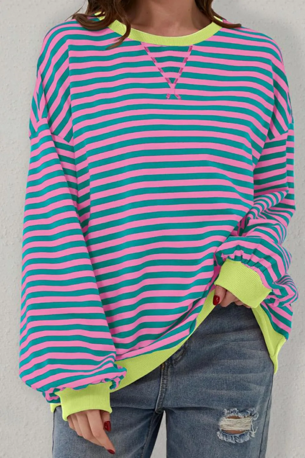 New Dear-Lover Oversized Contrast Trim Pullover Sweatshirt Green Stripe