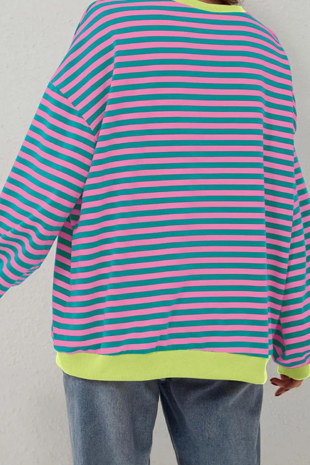 New Dear-Lover Oversized Contrast Trim Pullover Sweatshirt Green Stripe