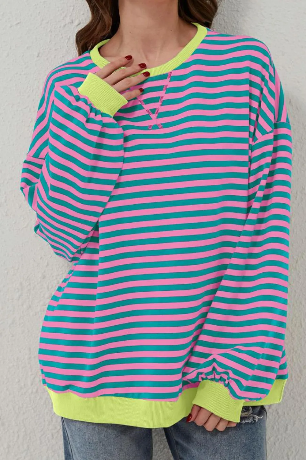 New Dear-Lover Oversized Contrast Trim Pullover Sweatshirt Green Stripe