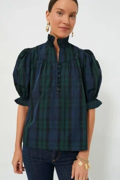 Fashion Dear-Lover Plaid Puff Sleeve Frilled Trim Elegant Blouse Green Stripe