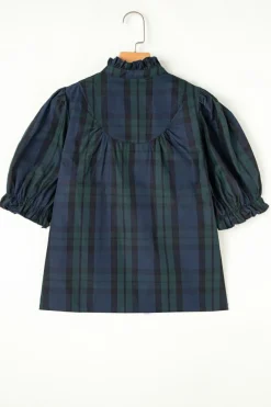 Fashion Dear-Lover Plaid Puff Sleeve Frilled Trim Elegant Blouse Green Stripe