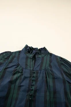 Fashion Dear-Lover Plaid Puff Sleeve Frilled Trim Elegant Blouse Green Stripe