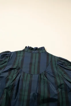 Fashion Dear-Lover Plaid Puff Sleeve Frilled Trim Elegant Blouse Green Stripe