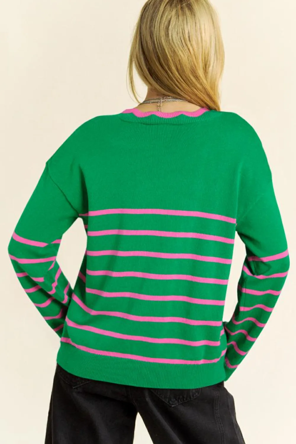 Sale Dear-Lover Ribbon Cute Bow Detail Sweater Knit Cardigan Green Stripe