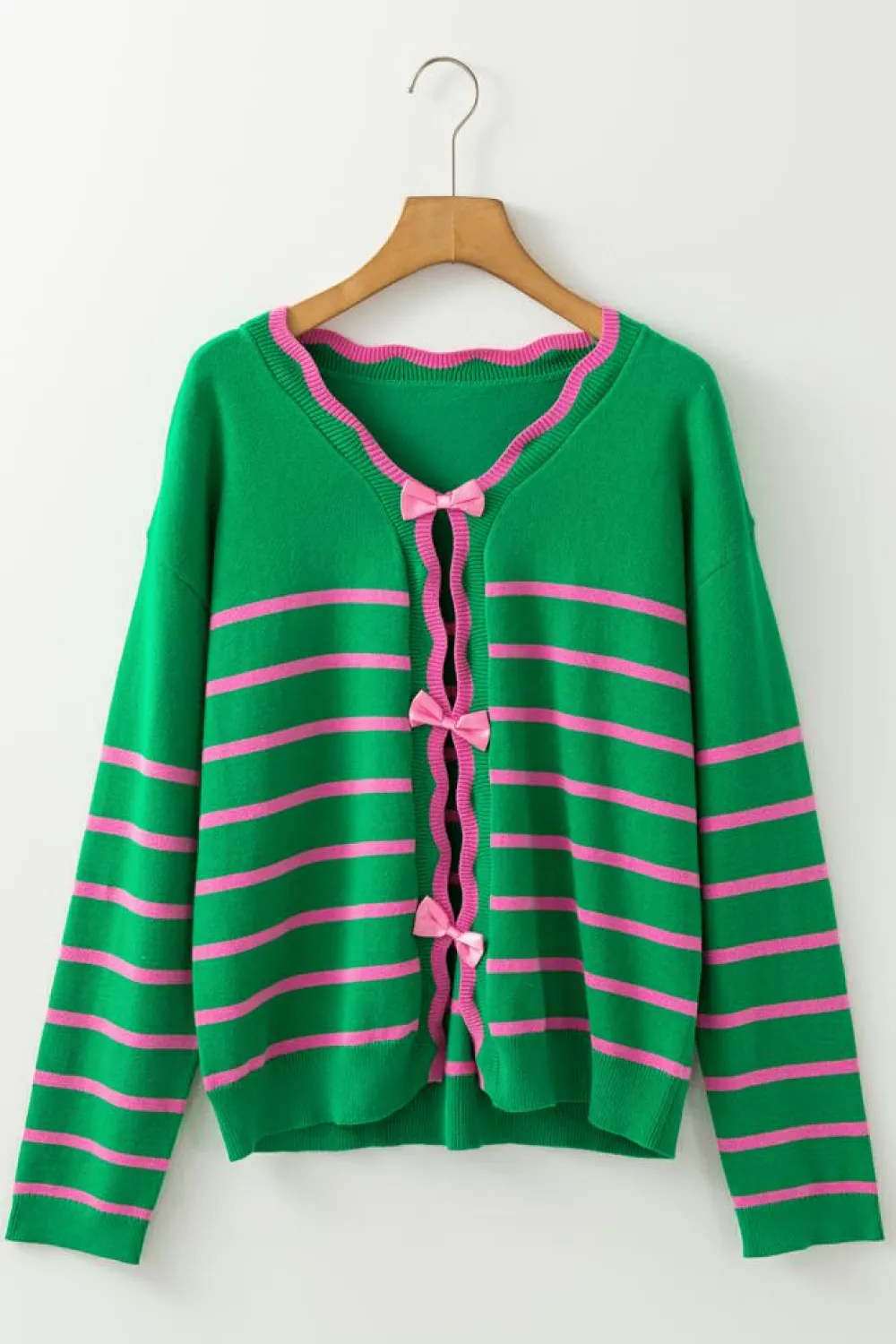 Sale Dear-Lover Ribbon Cute Bow Detail Sweater Knit Cardigan Green Stripe