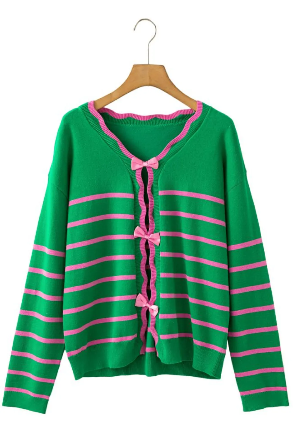 Sale Dear-Lover Ribbon Cute Bow Detail Sweater Knit Cardigan Green Stripe