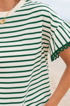 Sale Dear-Lover Scallop Lace Trim Ruffle Short Sleeves Crewneck Top Green Stripe