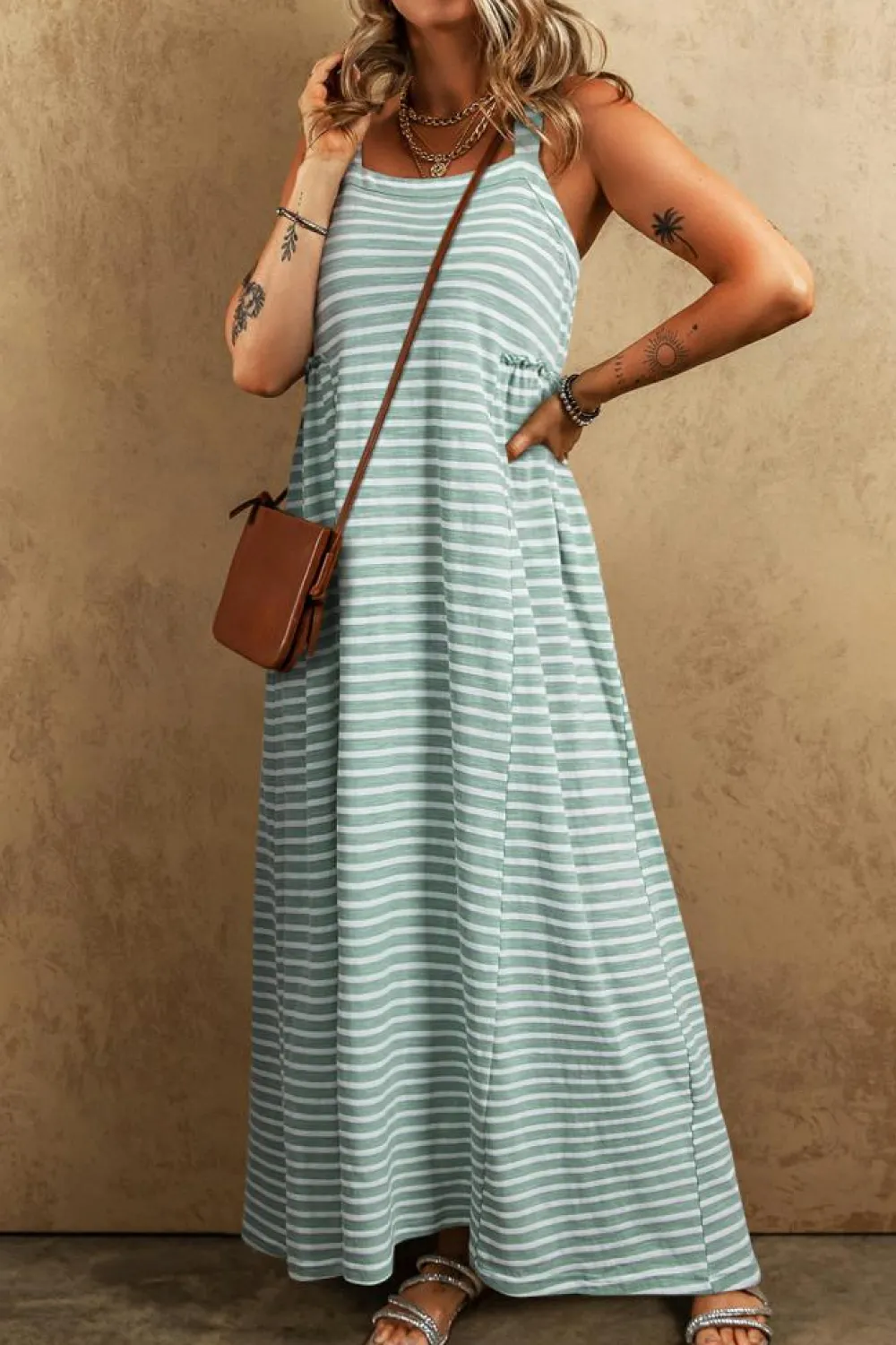 New Dear-Lover Shirred Frilled High Waist Sleeveless Loose Fit Maxi Dress Green Stripe