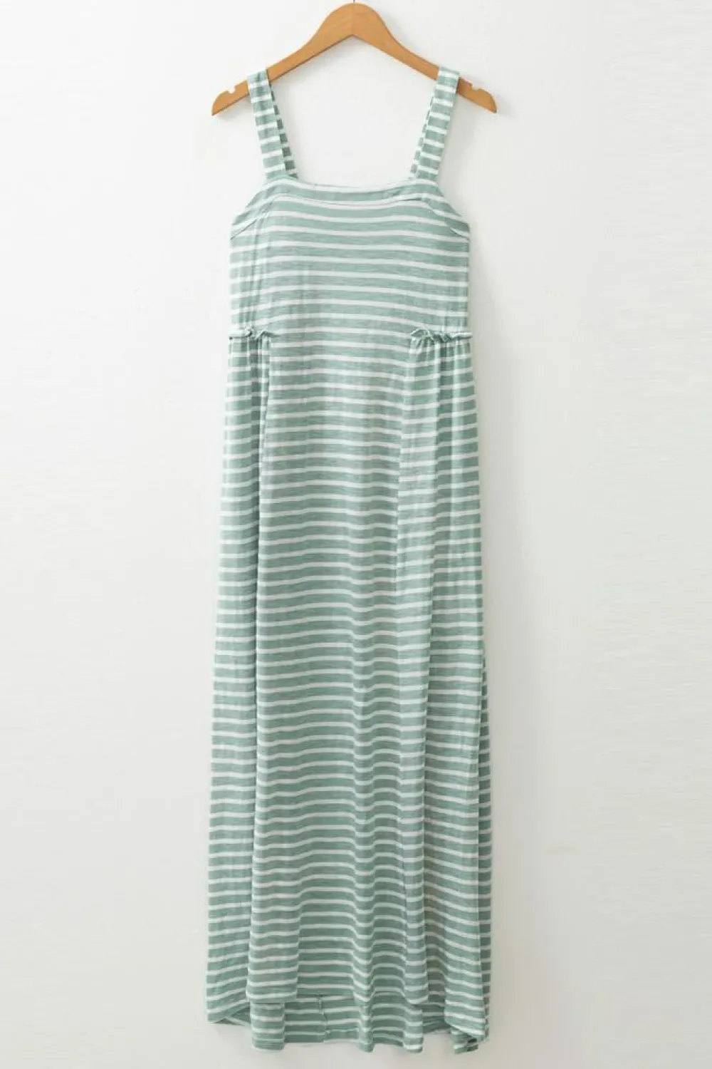 New Dear-Lover Shirred Frilled High Waist Sleeveless Loose Fit Maxi Dress Green Stripe