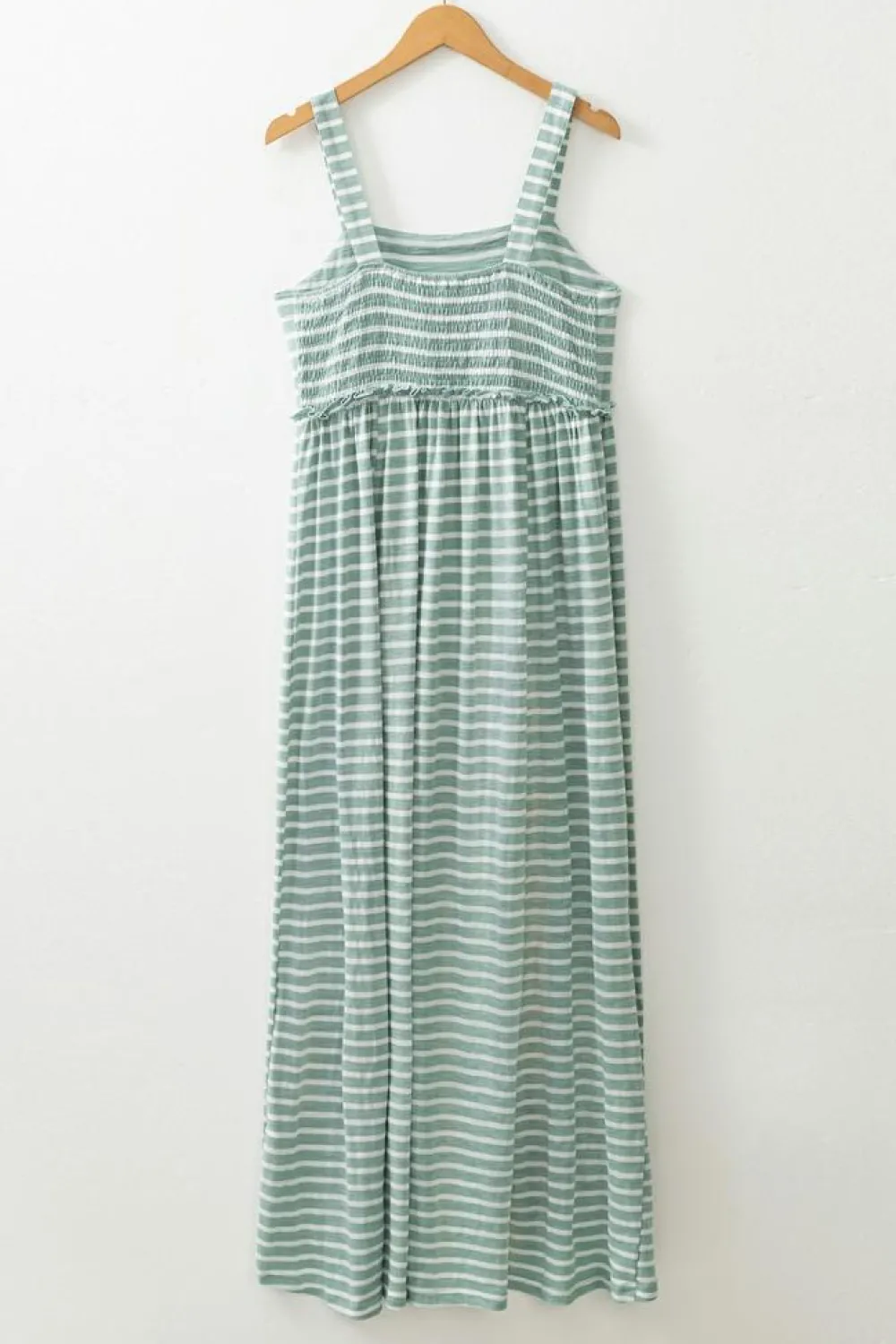 New Dear-Lover Shirred Frilled High Waist Sleeveless Loose Fit Maxi Dress Green Stripe