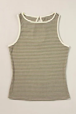 New Dear-Lover Striped Print Ribbed Knit Sleeveless Top Green Stripe