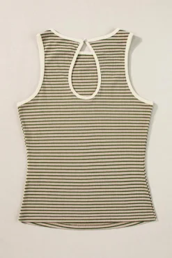 New Dear-Lover Striped Print Ribbed Knit Sleeveless Top Green Stripe