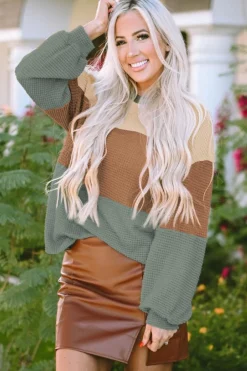 Fashion Dear-Lover Textured Color Block Bubble Sleeve Baggy Top Green Stripe