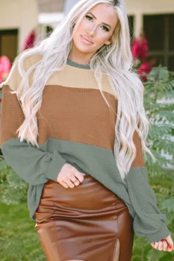 Fashion Dear-Lover Textured Color Block Bubble Sleeve Baggy Top Green Stripe