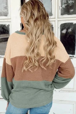Fashion Dear-Lover Textured Color Block Bubble Sleeve Baggy Top Green Stripe