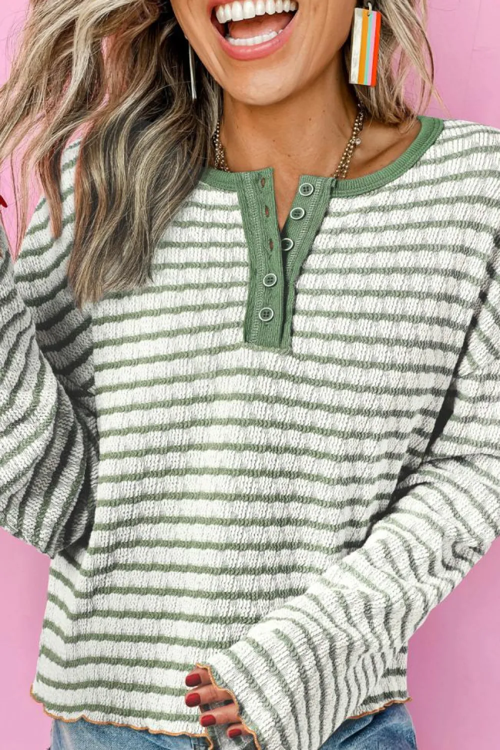 Clearance Dear-Lover Textured Frilly Trim Buttons Henley Long Sleeve Top Green Stripe