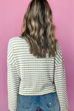 Clearance Dear-Lover Textured Frilly Trim Buttons Henley Long Sleeve Top Green Stripe