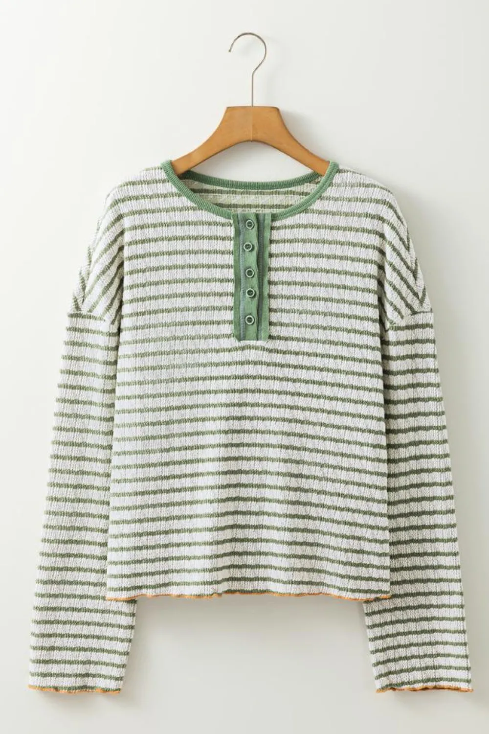 Clearance Dear-Lover Textured Frilly Trim Buttons Henley Long Sleeve Top Green Stripe