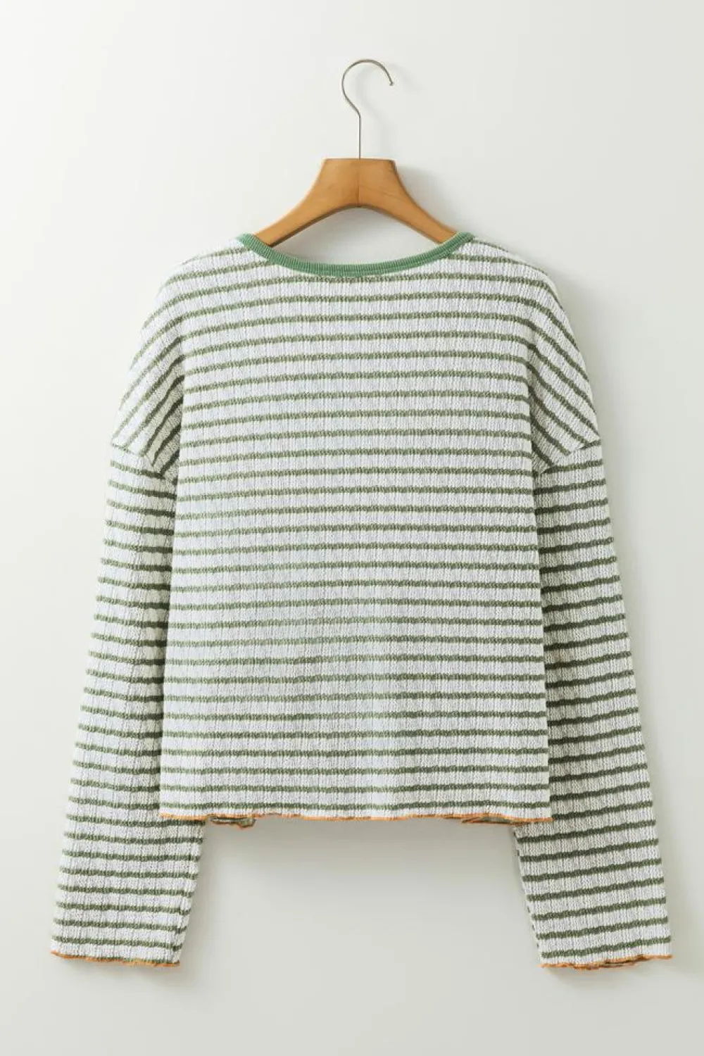 Clearance Dear-Lover Textured Frilly Trim Buttons Henley Long Sleeve Top Green Stripe