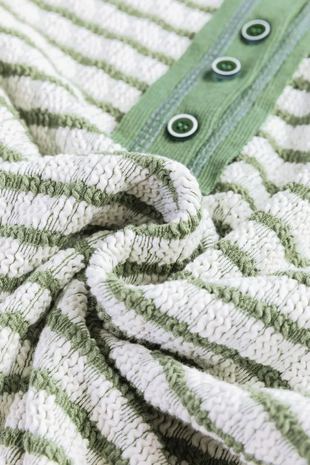 Clearance Dear-Lover Textured Frilly Trim Buttons Henley Long Sleeve Top Green Stripe