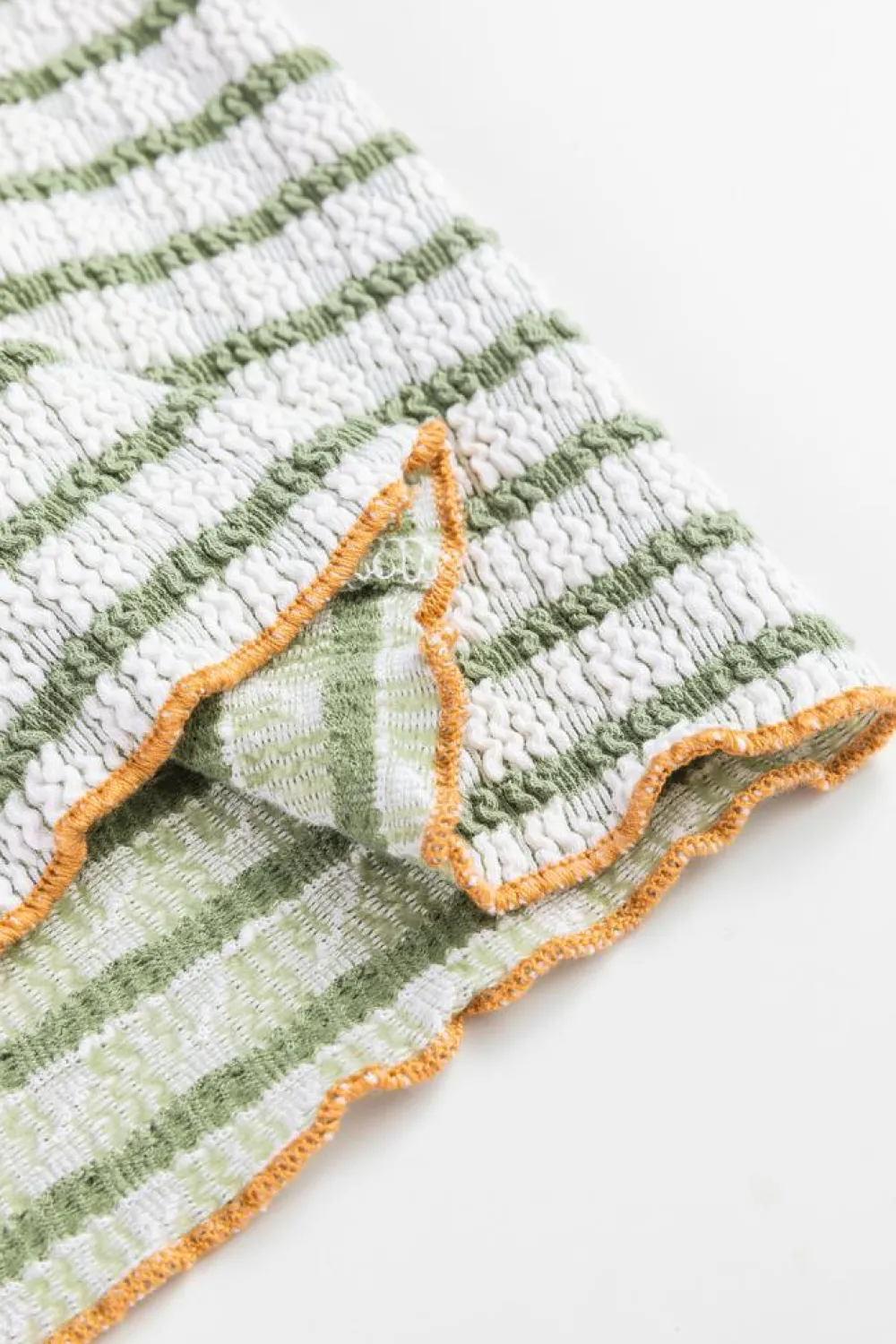 Clearance Dear-Lover Textured Frilly Trim Buttons Henley Long Sleeve Top Green Stripe