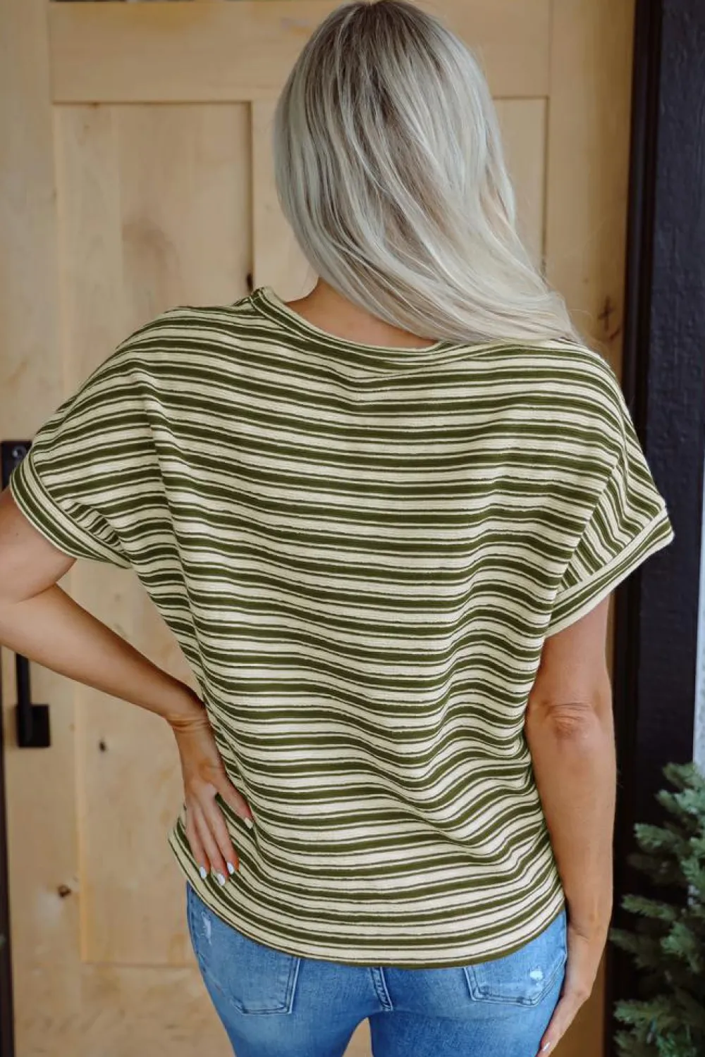 Sale Dear-Lover Textured Side Slits Crew Neck T Shirt Green Stripe