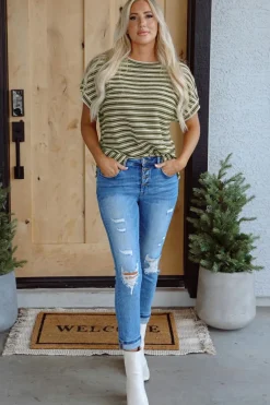 Sale Dear-Lover Textured Side Slits Crew Neck T Shirt Green Stripe
