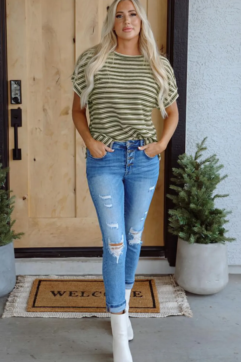 Sale Dear-Lover Textured Side Slits Crew Neck T Shirt Green Stripe