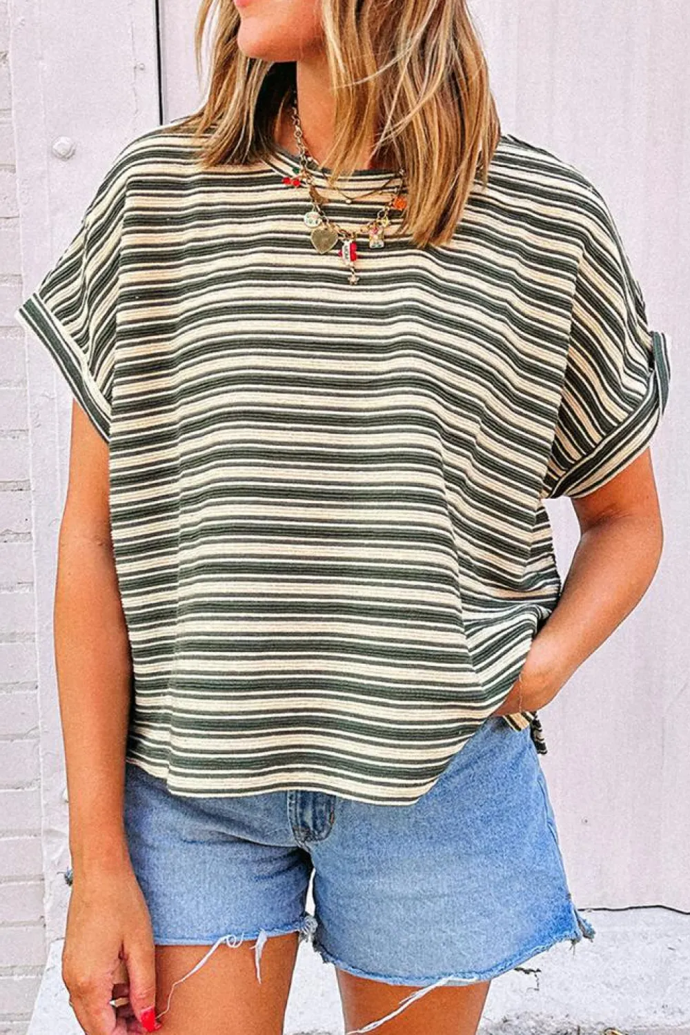 Sale Dear-Lover Textured Side Slits Crew Neck T Shirt Green Stripe