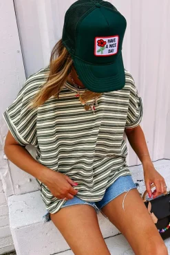 Sale Dear-Lover Textured Side Slits Crew Neck T Shirt Green Stripe