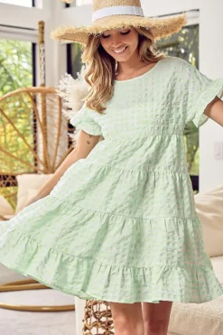 Discount Dear-Lover Textured Tiered Short Sleeve Loose Mini Dress Green Stripe