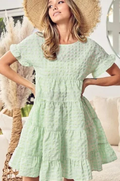 Discount Dear-Lover Textured Tiered Short Sleeve Loose Mini Dress Green Stripe