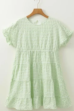 Discount Dear-Lover Textured Tiered Short Sleeve Loose Mini Dress Green Stripe