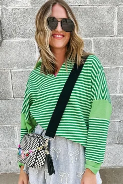 Discount Dear-Lover Turn-Down V Neck Patchwork Loose Top Green Stripe