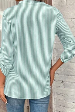 New Dear-Lover V Neck Roll Up Sleeve Pocket Patched Classic Shirt Green Stripe