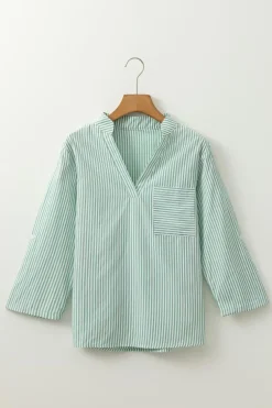 New Dear-Lover V Neck Roll Up Sleeve Pocket Patched Classic Shirt Green Stripe