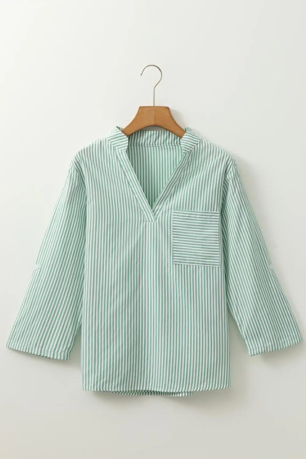 New Dear-Lover V Neck Roll Up Sleeve Pocket Patched Classic Shirt Green Stripe