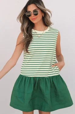 Discount Dear-Lover Woven Ruffled Sleeveless Mini Dress Green Stripe