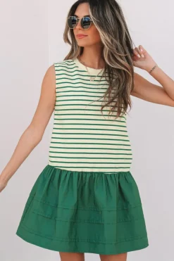 Discount Dear-Lover Woven Ruffled Sleeveless Mini Dress Green Stripe
