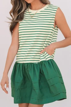 Discount Dear-Lover Woven Ruffled Sleeveless Mini Dress Green Stripe
